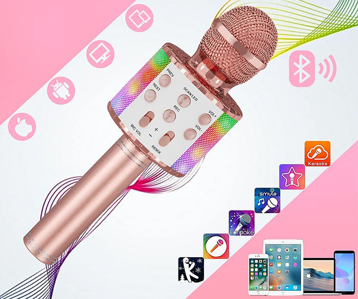 test et avis Microphone Sans Fil Karaoké, Ankuka Microphone Bluetooth 4 en 1 Portable Lecteur Karaoké avec Lumières LED